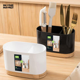 CUTLERY CONTAINER WITH WOODEN BASE – CHOPSTICK HOLDER UTENSIL STORAGE RACK AND DRAINING BOARD FOR KITCHEN